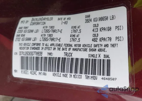 2003 Dodge Ram 2500 Slt/Laramie/St from USA, damaged, VIN 3D7KU26D83G770939